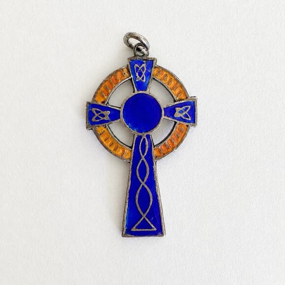 Unknown Jewelry - Vintage Sterling Silver Blue Orange Enamel Celtic Cross Pendant Made England 2g